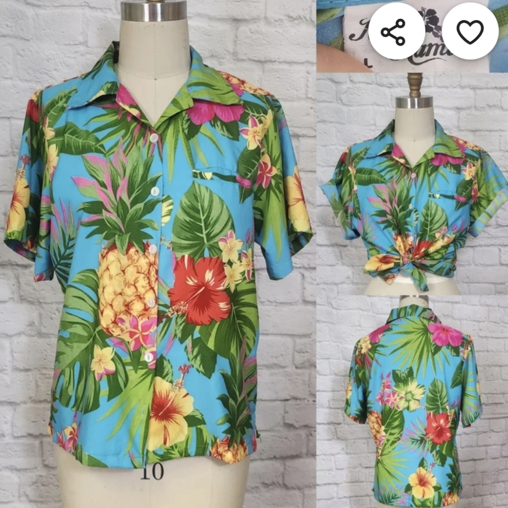 90s Blue Hawaiian Shirt Tiki Luau Floral L King Kameha vibrant aqua yellow print